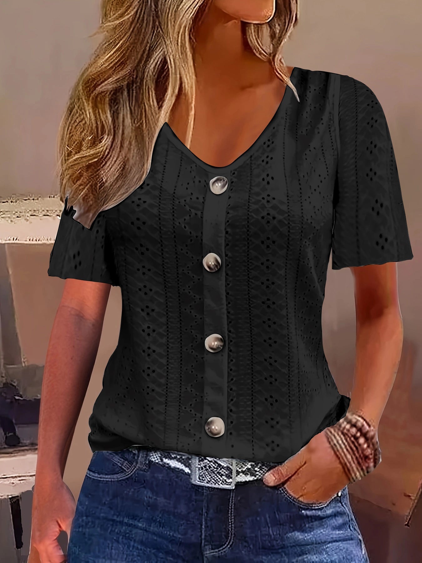 Solid Color Jacquard V-neck Buttons Short Sleeve T-shirt Top