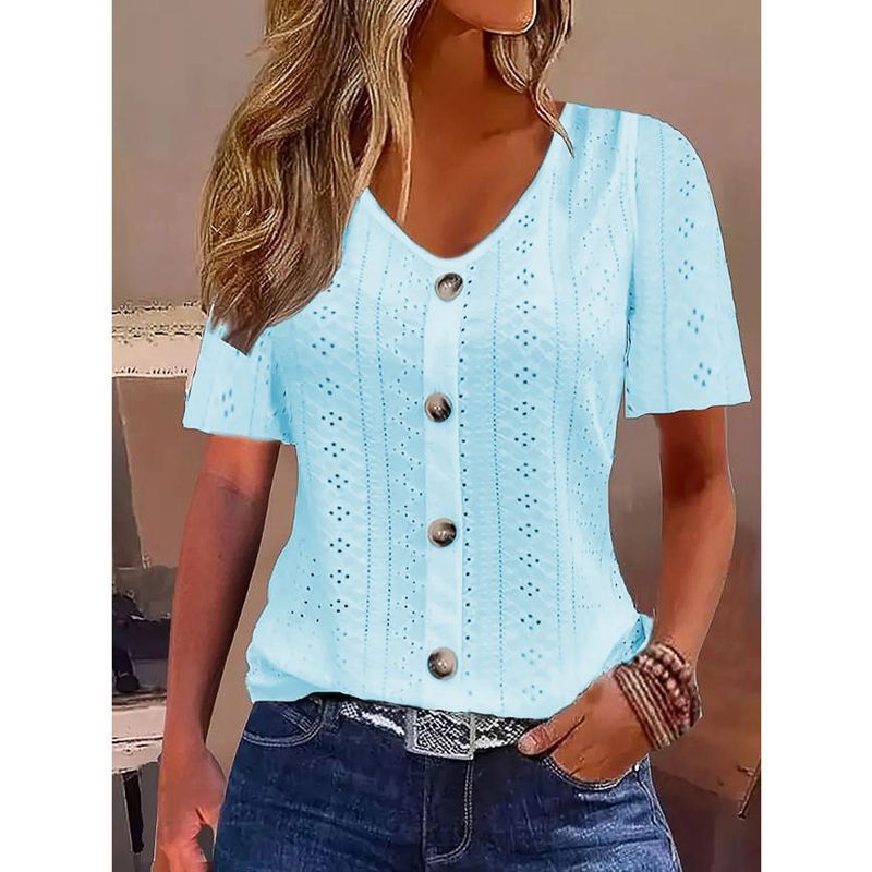 Solid Color Jacquard V-neck Buttons Short Sleeve T-shirt Top
