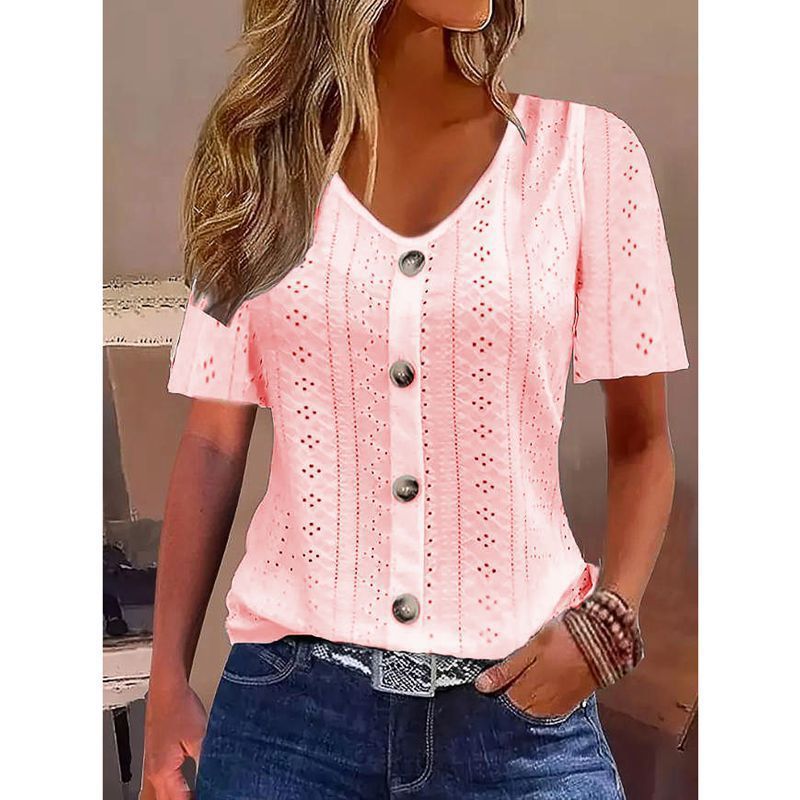 Solid Color Jacquard V-neck Buttons Short Sleeve T-shirt Top