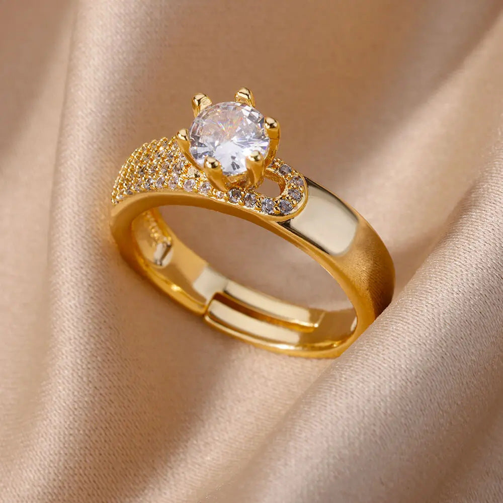 Gold-plated Full Diamond Titanium Steel Colorfast Open Ring for Womenk
