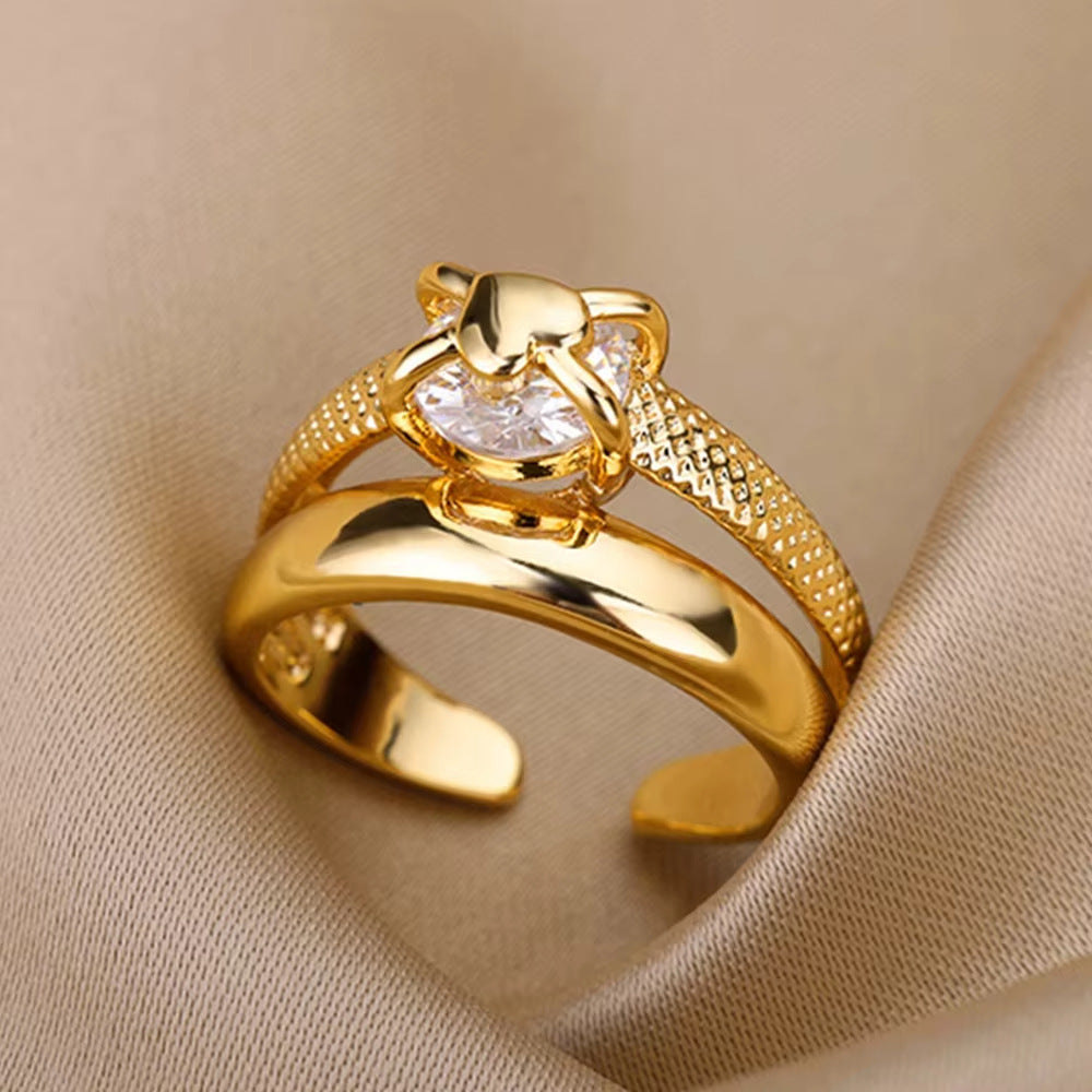 Gold-plated Full Diamond Titanium Steel Colorfast Open Ring for Womenk