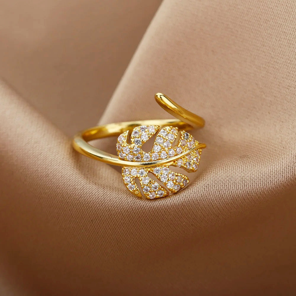 Gold-plated Full Diamond Titanium Steel Colorfast Open Ring for Womenk