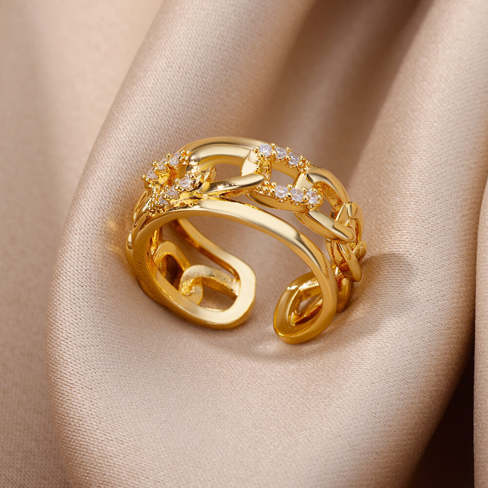 Gold-plated Full Diamond Titanium Steel Colorfast Open Ring for Womenk