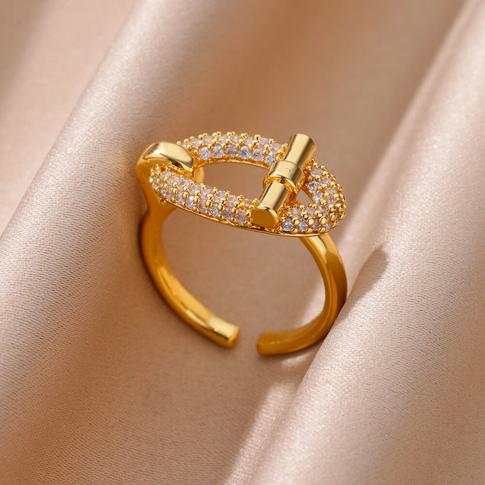 Gold-plated Full Diamond Titanium Steel Colorfast Open Ring for Womenk