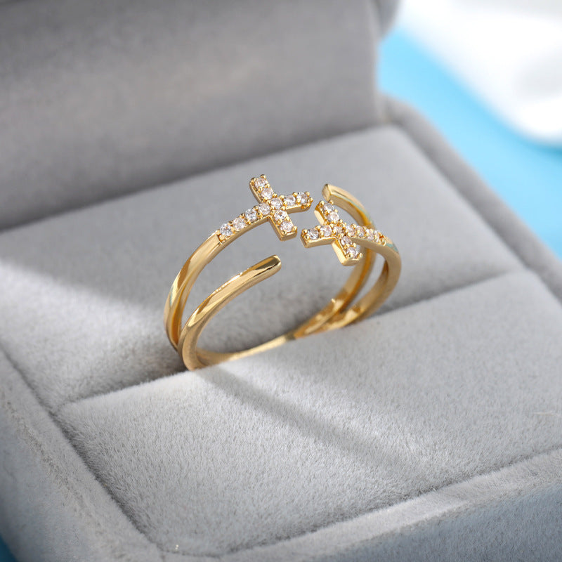 Gold-plated Full Diamond Titanium Steel Colorfast Open Ring for Womenk