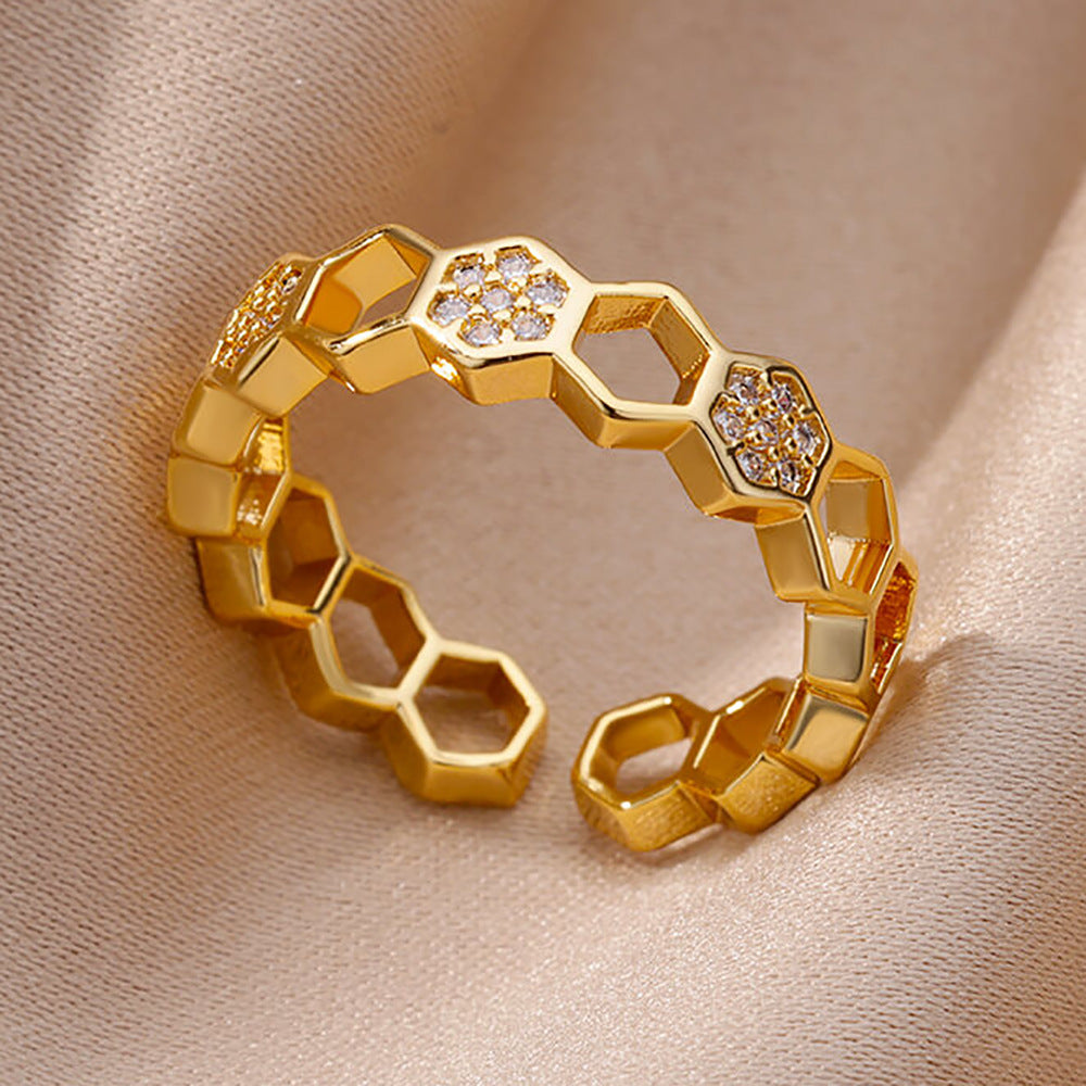 Gold-plated Full Diamond Titanium Steel Colorfast Open Ring for Womenk