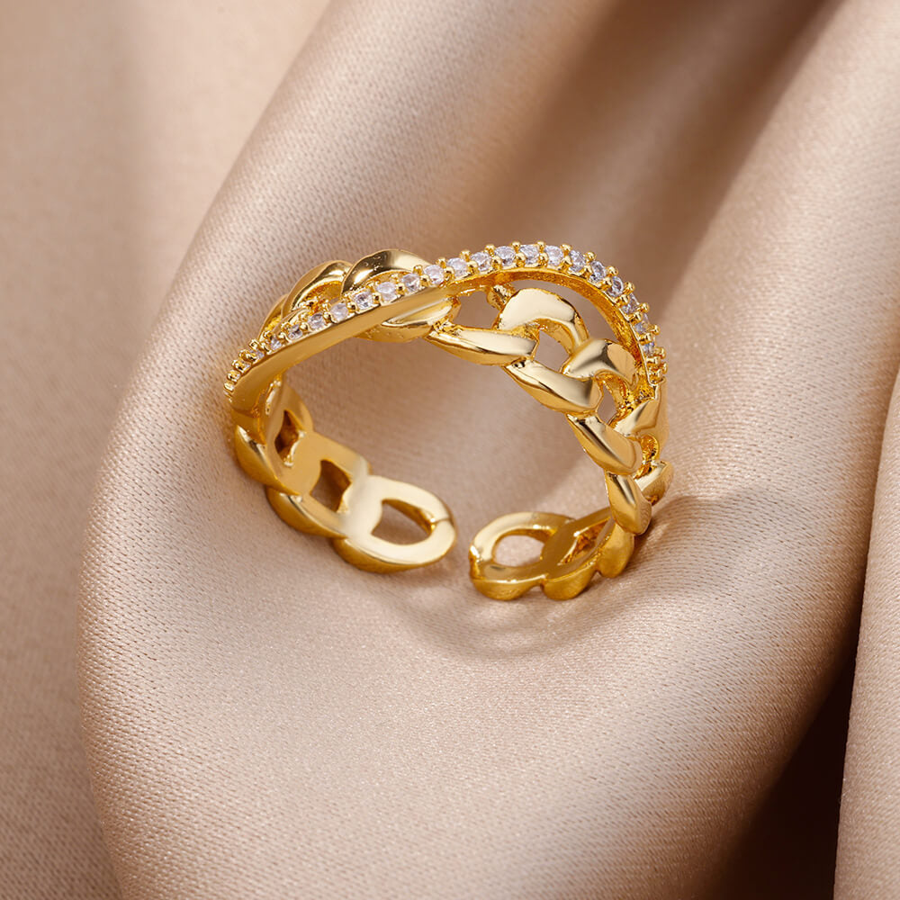 Gold-plated Full Diamond Titanium Steel Colorfast Open Ring for Womenk