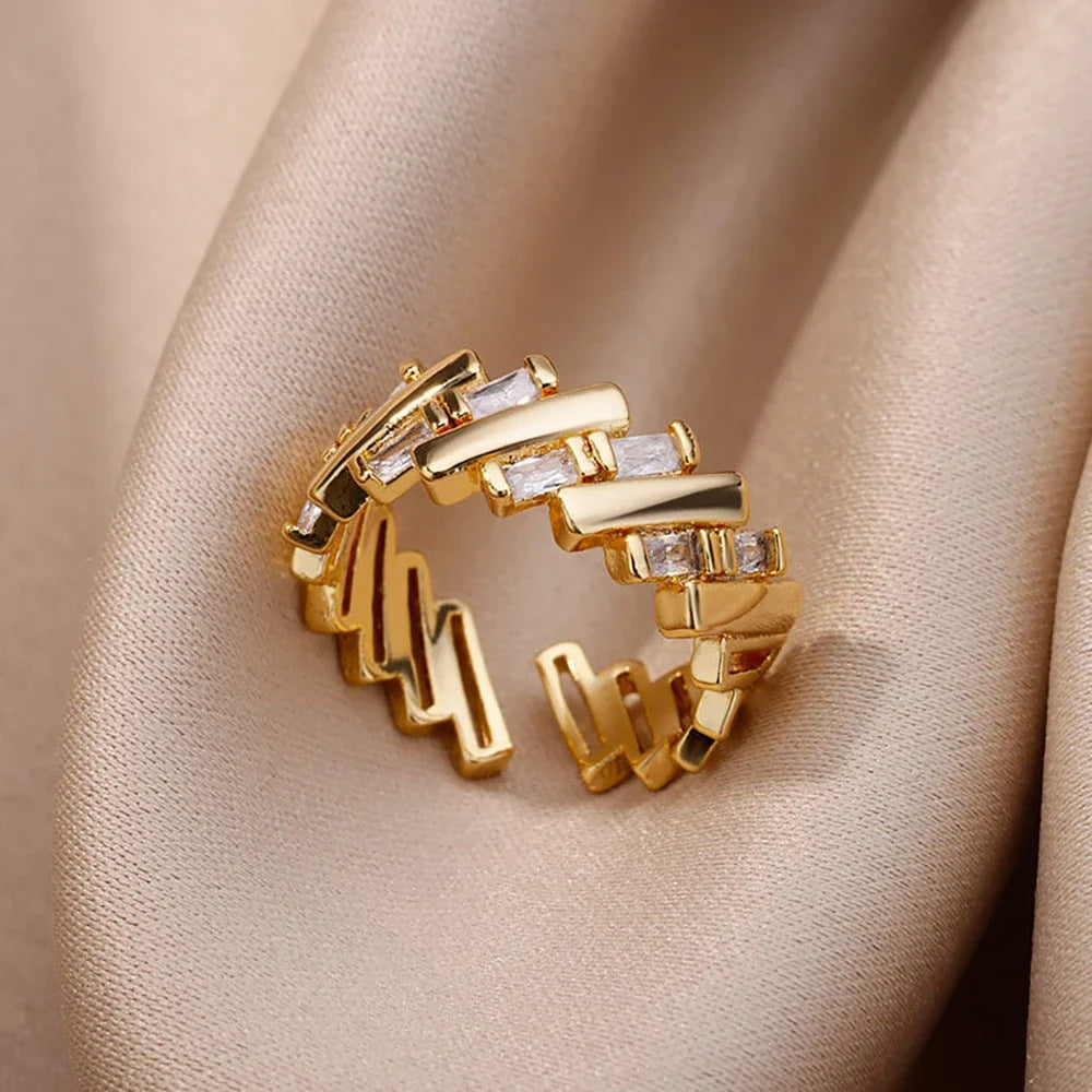 Gold-plated Full Diamond Titanium Steel Colorfast Open Ring for Womenk