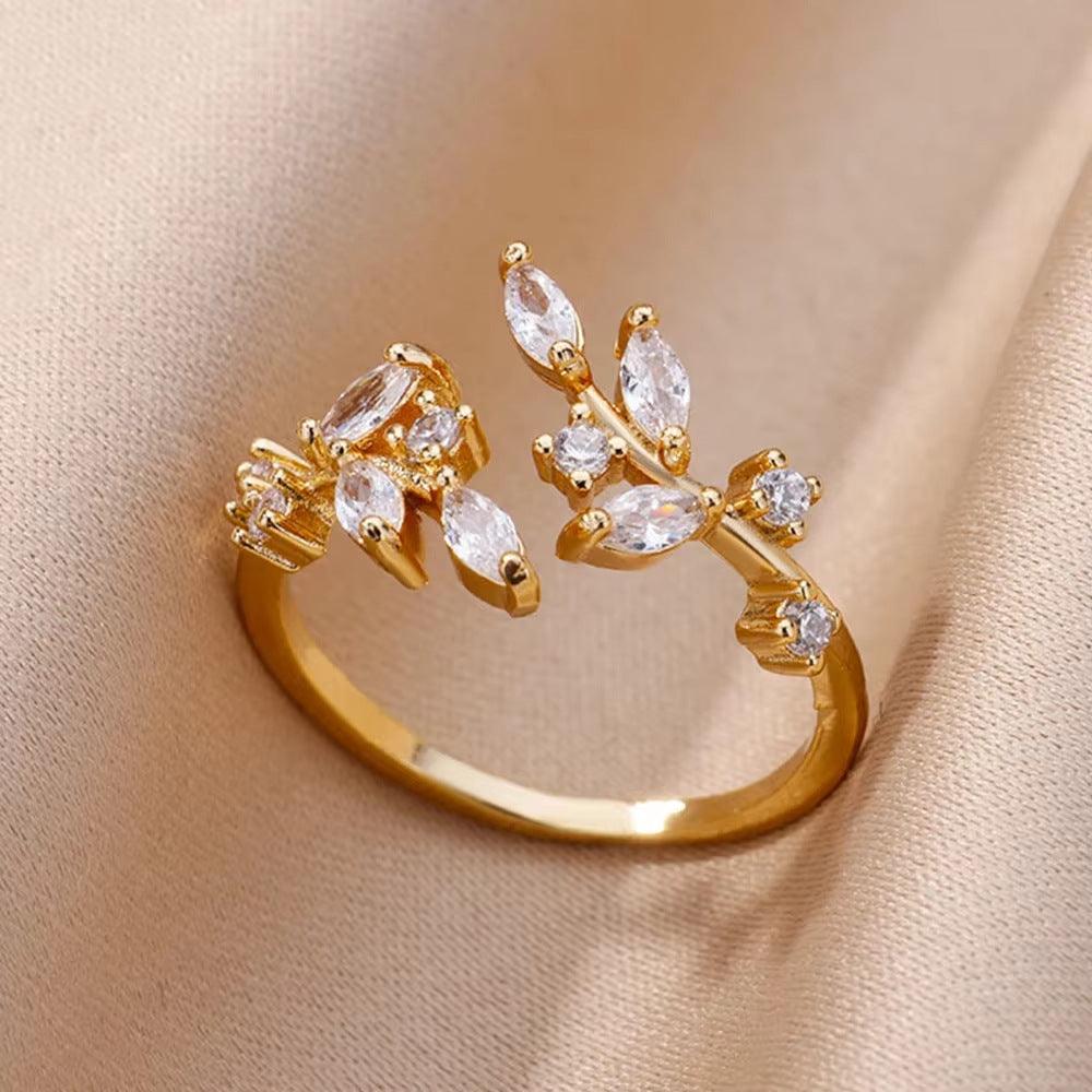 Gold-plated Full Diamond Titanium Steel Colorfast Open Ring for Womenk
