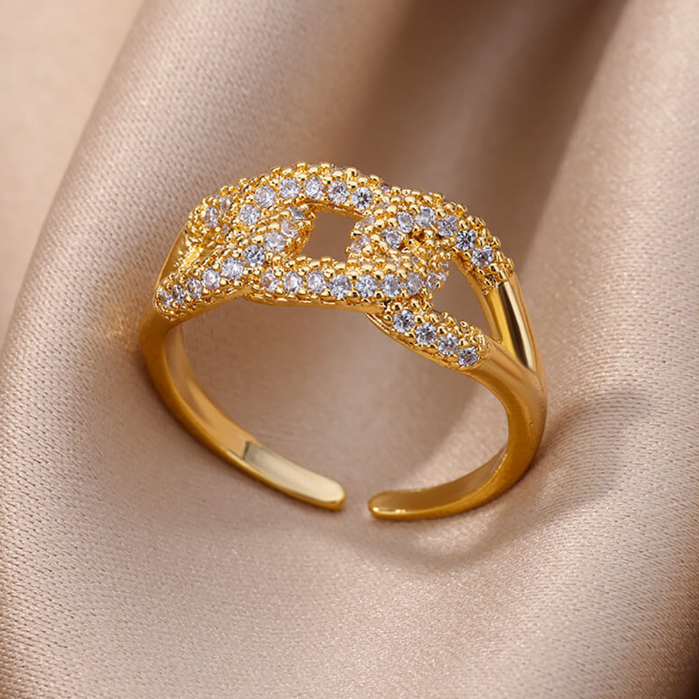 Gold-plated Full Diamond Titanium Steel Colorfast Open Ring for Womenk