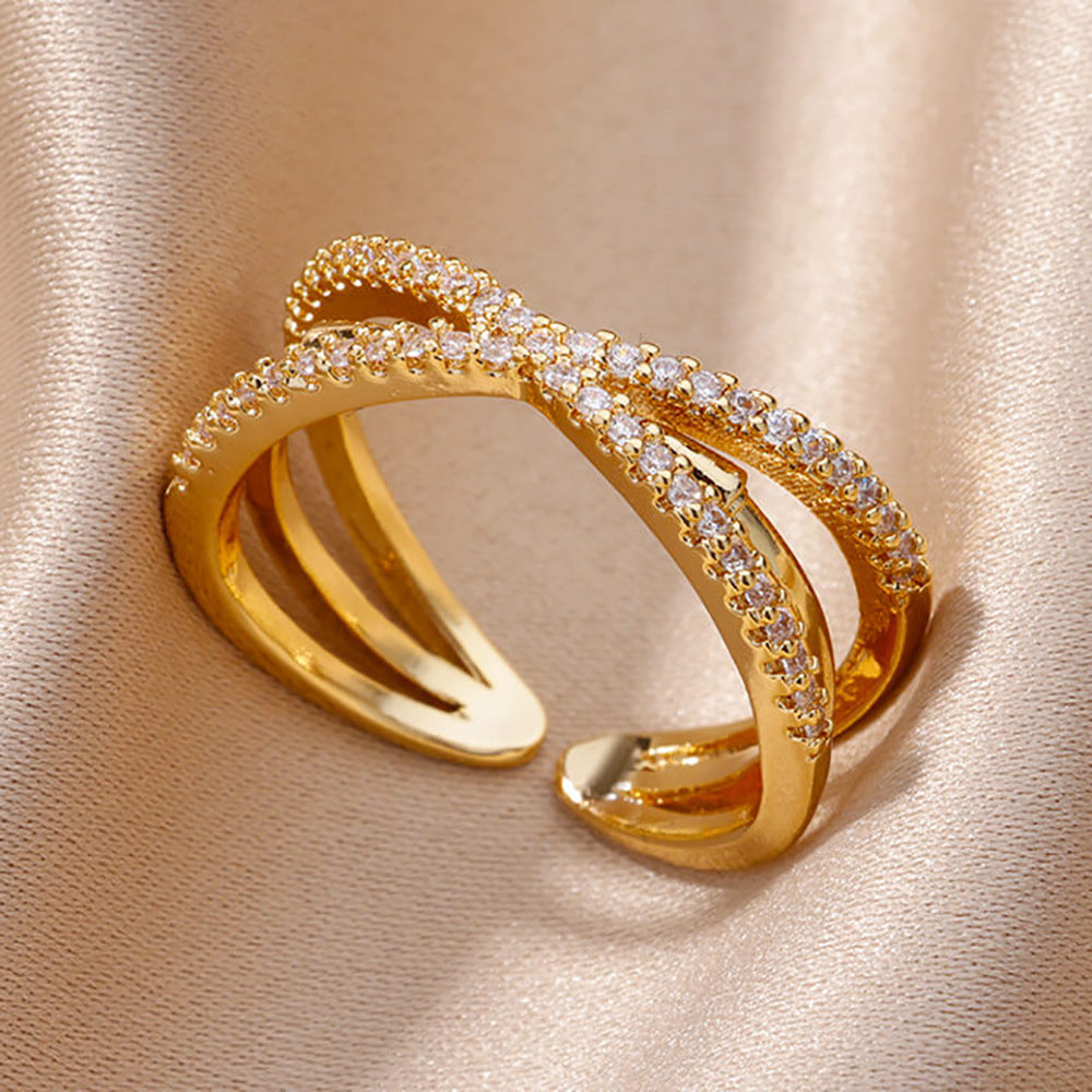 Gold-plated Full Diamond Titanium Steel Colorfast Open Ring for Womenk