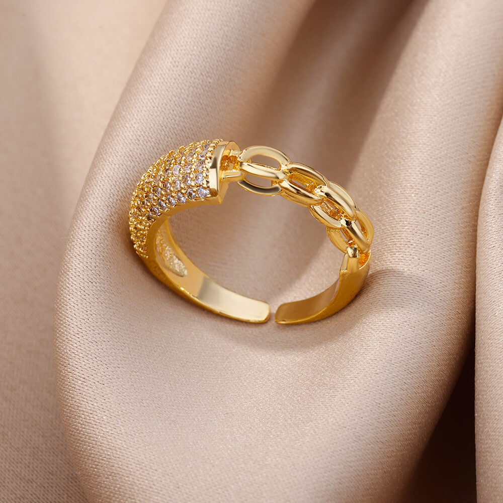 Gold-plated Full Diamond Titanium Steel Colorfast Open Ring for Womenk