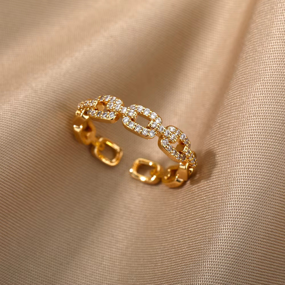 Gold-plated Full Diamond Titanium Steel Colorfast Open Ring for Womenk