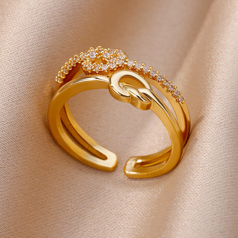 Gold-plated Full Diamond Titanium Steel Colorfast Open Ring for Womenk