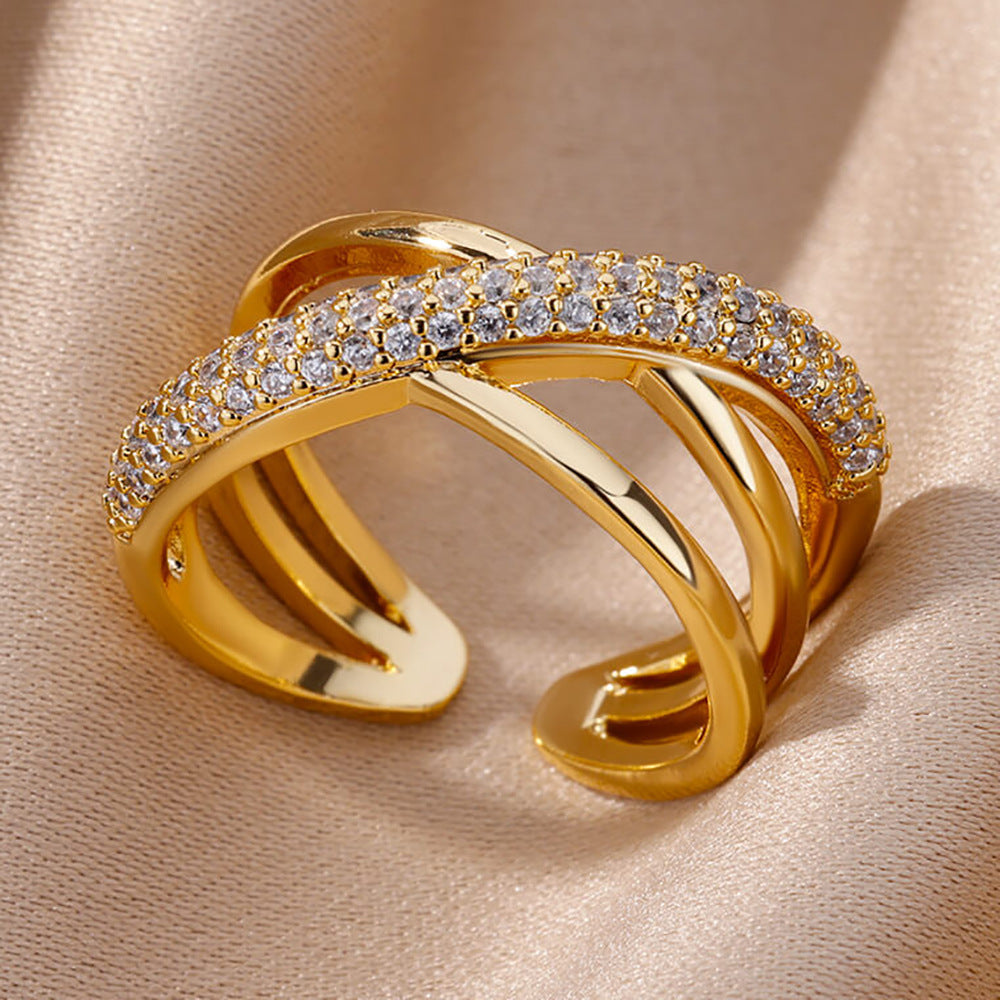 Gold-plated Full Diamond Titanium Steel Colorfast Open Ring for Womenk